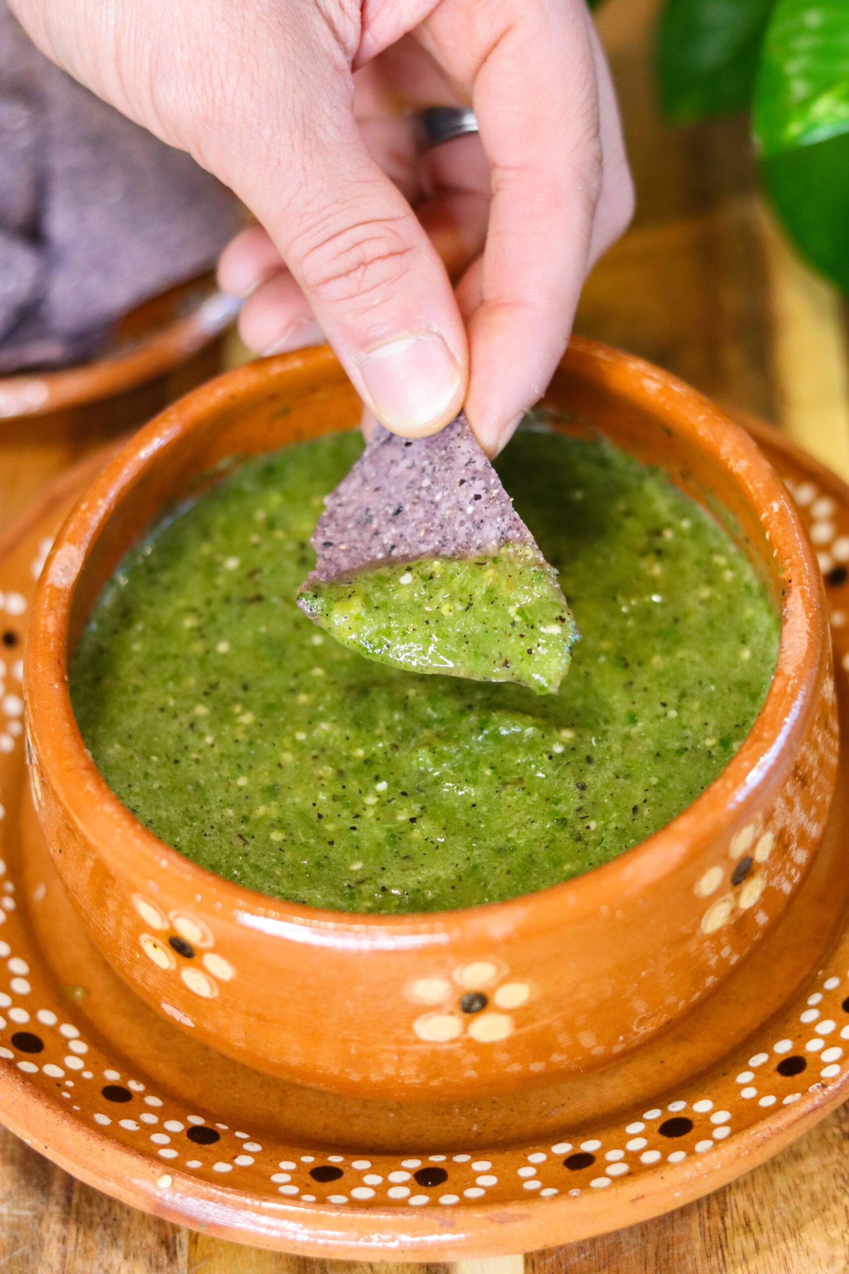 salsa verde in a mexican bowl.