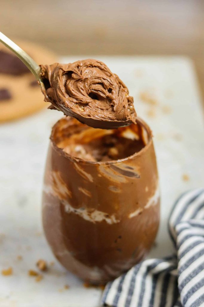 vegan chocolate mousse in a glass cup.