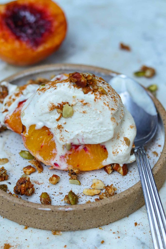 AIR FRIED PEACHES on a plate.