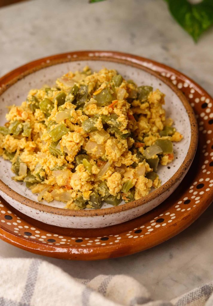 nopales con huevo in a mexican dish.