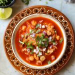 vegan menudo mexican soup in a bowl.