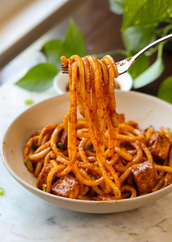 garlic chili oil noodles in a bowl.