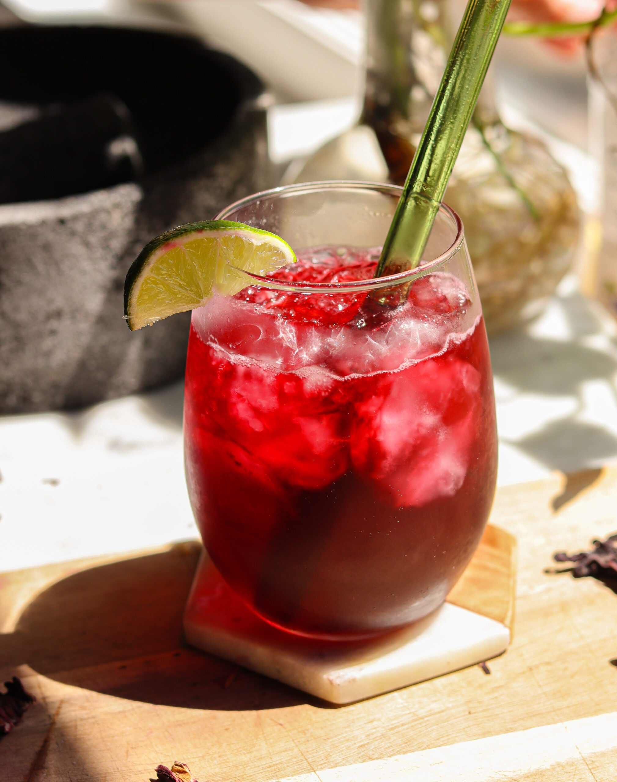 agua de jamaica hibiscus tea on ice.